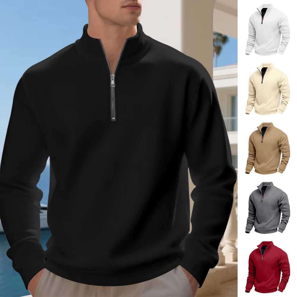 Autumn Winter Men'S Fleece Quarter Zip Pullover Man Long Sleeved Loose Stand-Up Collar Sweater Casual Comfy Mock Neck Sweatshirt